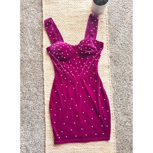 Privy Magenta Velvet Pearl Embellished Corset Bodycon Mini Dress Small
